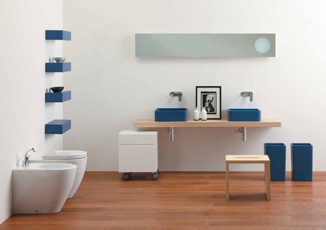 attractive-wash-basins-for-bathrooms-design-inspiration-showcasing-double-square-blue-sink-on-wooden-slab-countertop-with-hanging-boxes-storage-and-wheel-vanity-in-white-accent-on-laminate-wooden-floo